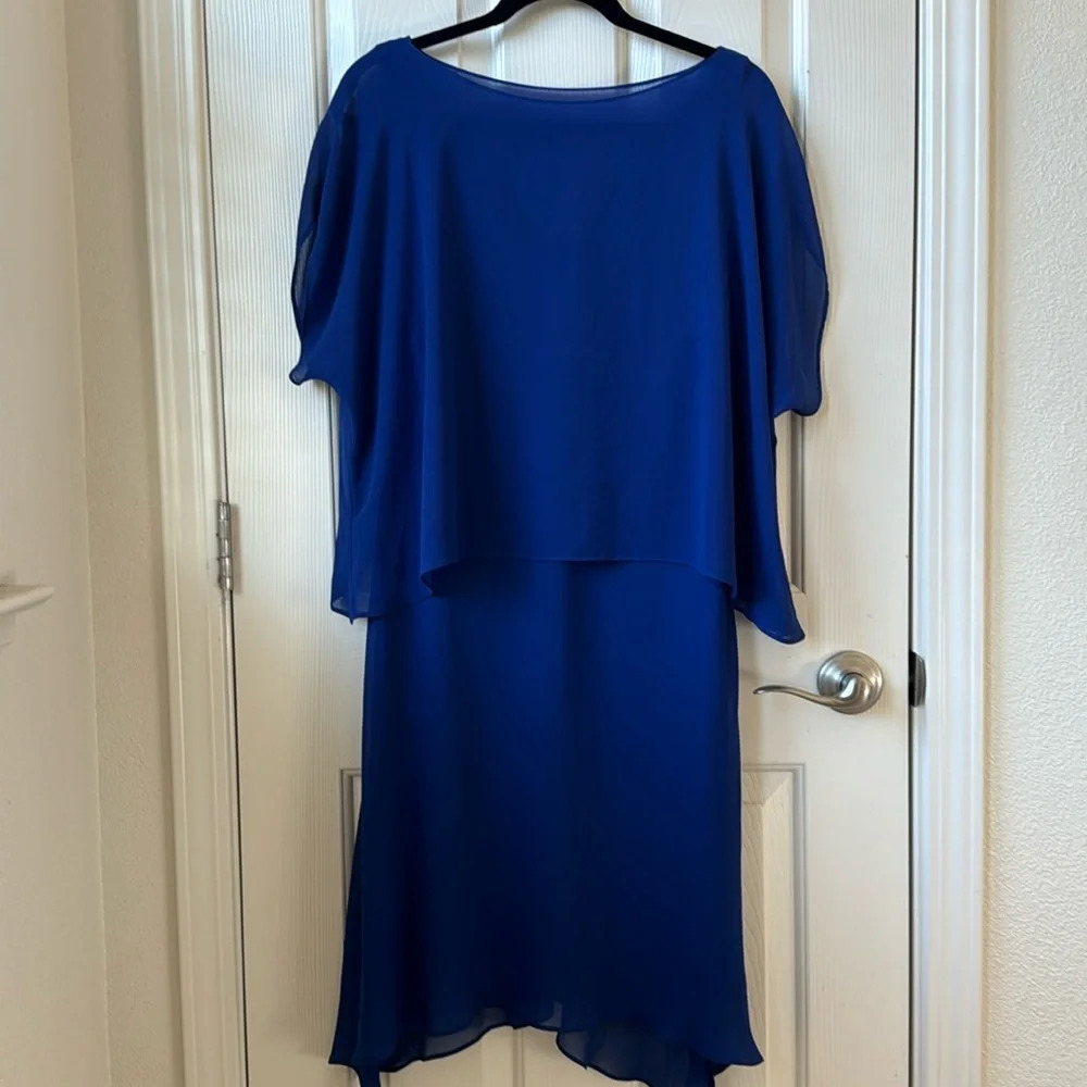 Ralph Lauren Black Label Chiffon Cape-Overlay mesh Jersey Dress sz 12 Large blue